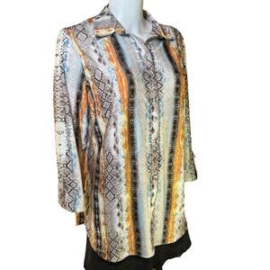 NYGARD Orange Taupe Snakeskin Print Jewel Button Collared Top M